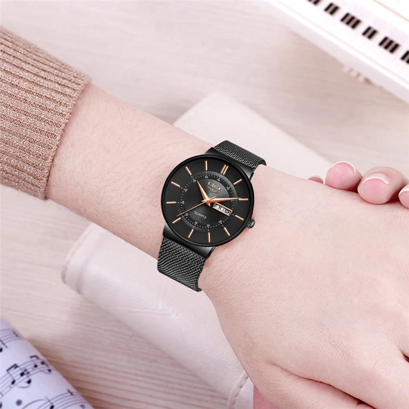 2024 New LIGE Women Watches Top Brand Luxury Watch For Women\'s Simple All Steel Waterproof Wrist Watches Black Quartz Clock Gift