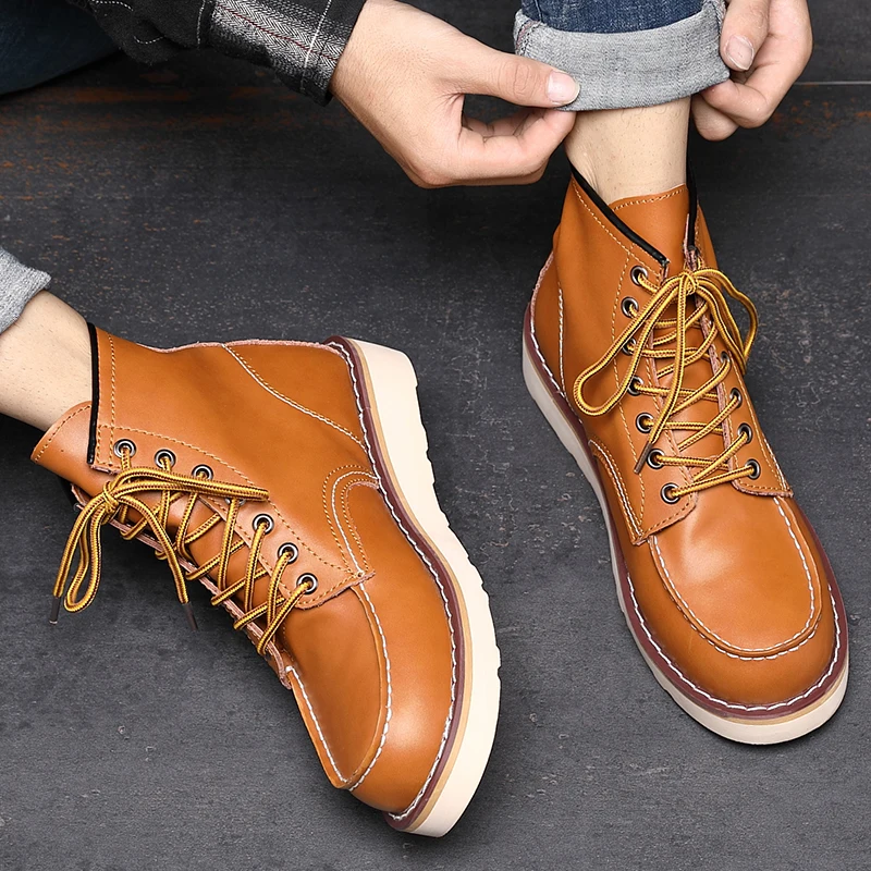 Yomior 2021 New Vintage Casual Men Shoes Handmade Wings Ankle Boots Autumn Winter Round Toe Red Motorcycle Boots Cow Leather