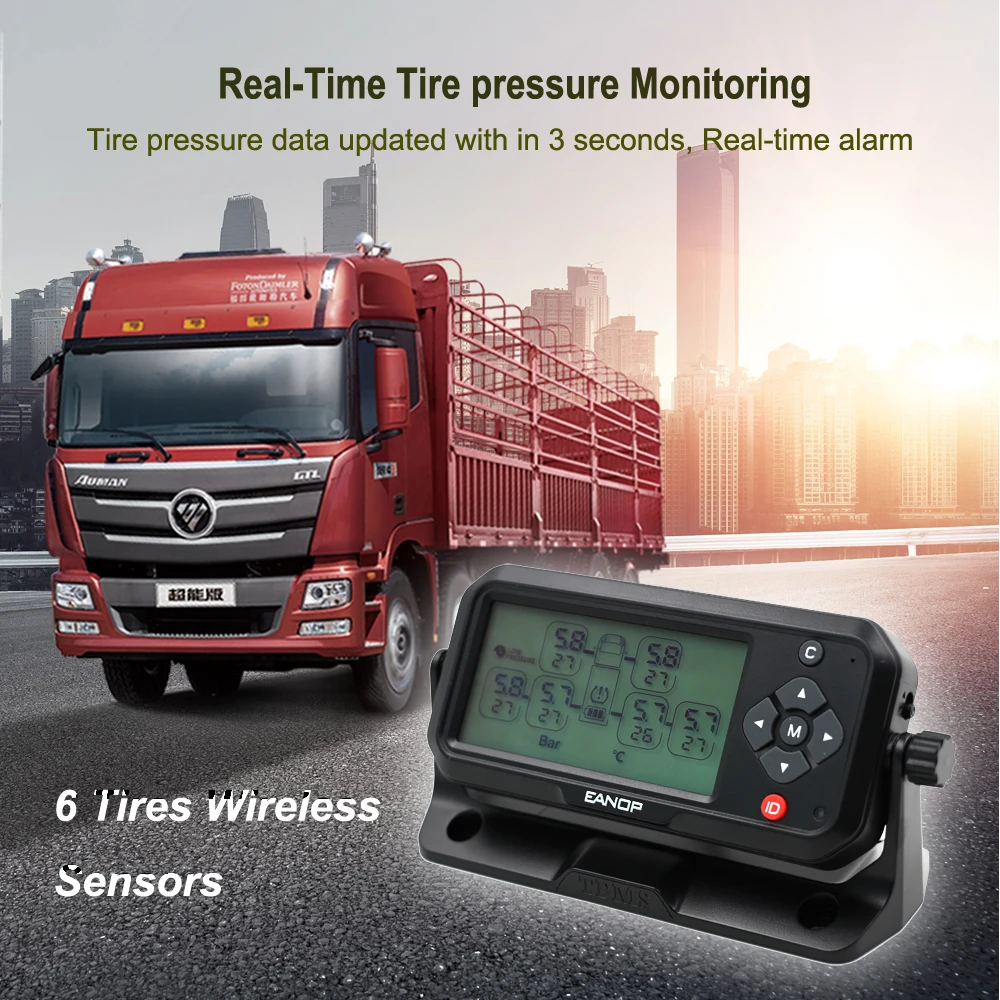 6 Tires Wireless Truck TPMS Tire Pressure Monitoring System with External/Internal Sensors for 6 Wheels