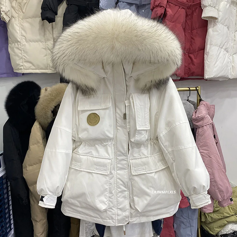 Winter New Large Natural Raccoon Fur Hooded Jacket Women 90% White Duck Down Thick Coat High Waist Loose Windbreak Warm Outwear