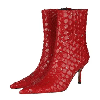 

Botas De Mujer 3D Snake Skin Genuine Leather Short Ankle Boots Ladies Stilettos Pointed Toe Nightclub High Heels Shoes Big Size