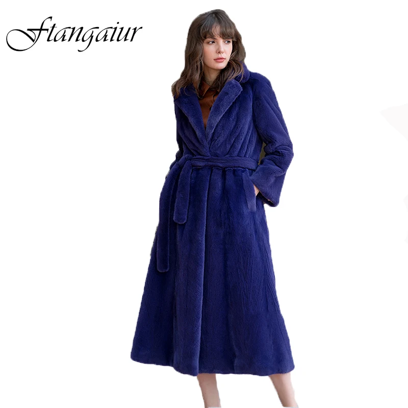 

Новая зимняя импортная бархатная норковая шуба Ftangaiur, Норковое Пальто с отложным воротником и поясом, Женская длинная натуральная норковая шуба