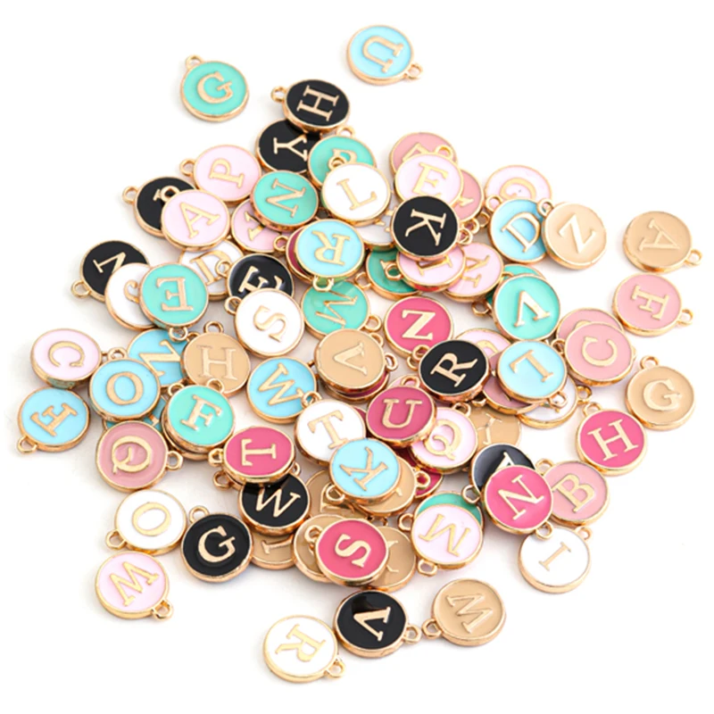 26pcs Double-sided Flat Round Alloy Letter Charms Enamel Charms Alphabet Initial Letter Pendants for DIY Jewelry Making Wholesal