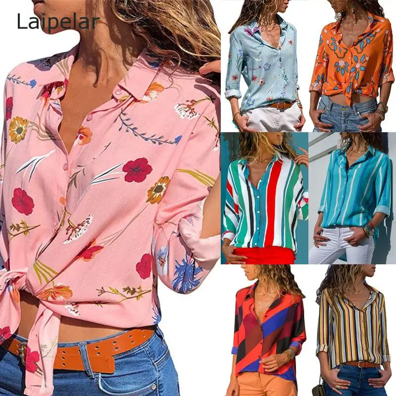 2020 Women's Fashion Casual Printed Shirt V-Neck Long Sleeve Chiffon Shirt Autumn Ladies Top