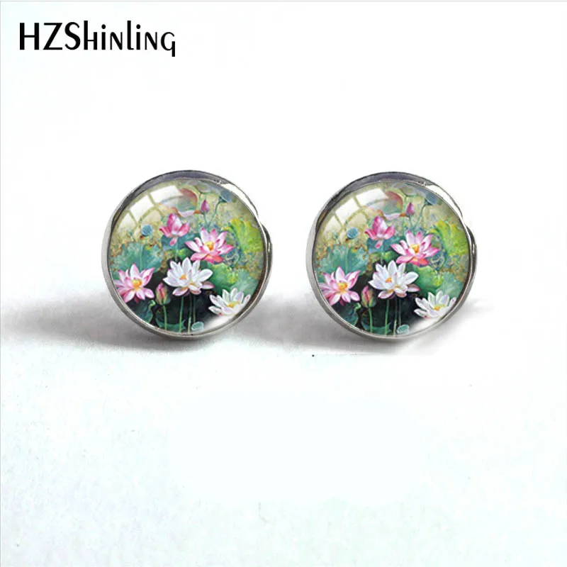 Waterlilies lotus Flower Pattern Glass Stud Earrings Glass Cabochon Ear Fashion Jewelry