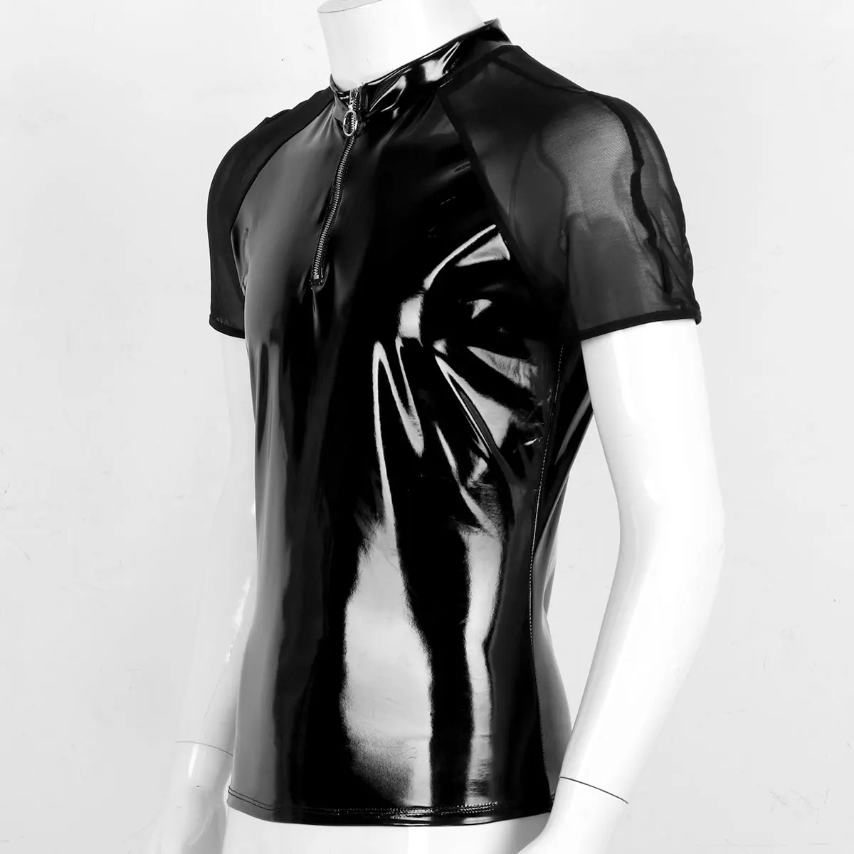 Men Shiny Shirt Wetlook Patent Leather Short Sleeves Summer Sexy T-shirt Sheer Mesh Zipper T-Shirts Tops Clubwear Casual Clothes