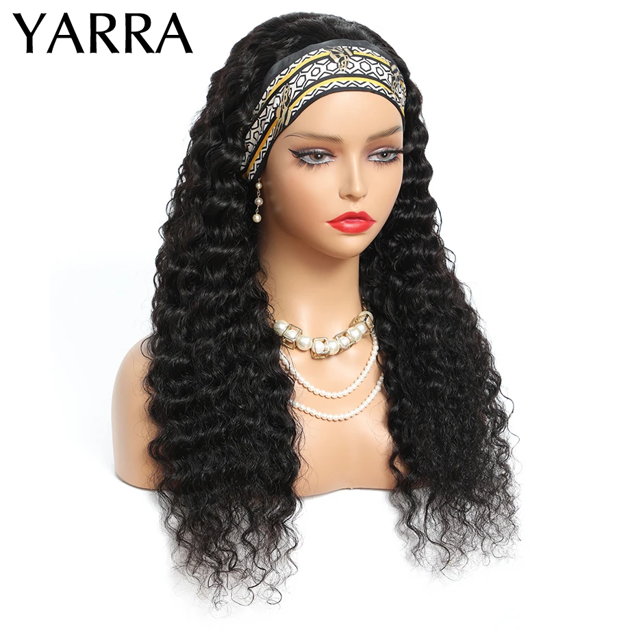 Brazilian Deep Wave Headband Wig Human Hair Curly Wave Wigs with Headband for Black Women No Glue Machine Made Remy Hair Yarra