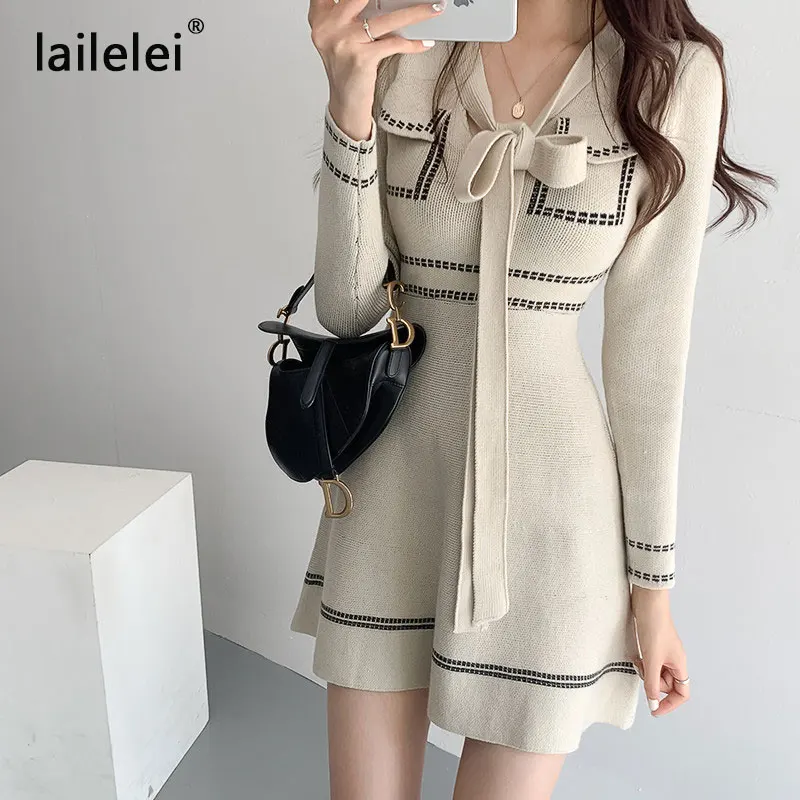 Bow Knitted Mini Dress Long Sleeve a Line Sweater Vestido Corto Elegant Vintage Winter Black Office Korean Runway Fall 2020 Robe