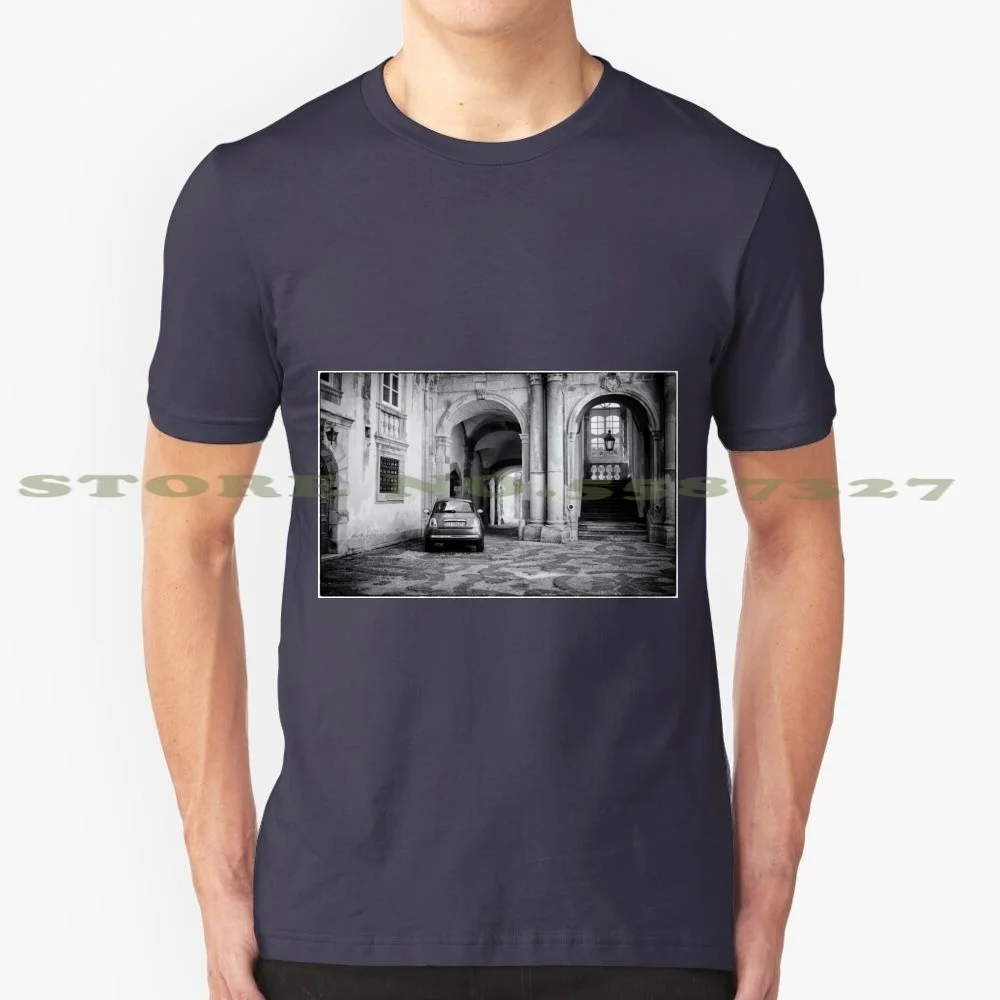 Fiat 500 100% Cotton T-Shirt Fiat 500 Sicily Courtyard Black And White