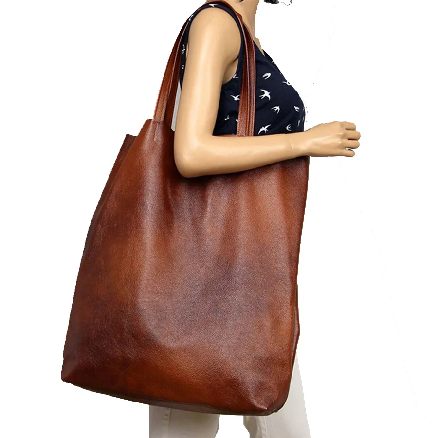 Brown Large Shopper Bag for Women Soft Leather Handbag Big Casual Vintage Female Shoulder Bag Mommy Tote Shopping Weekend 2021