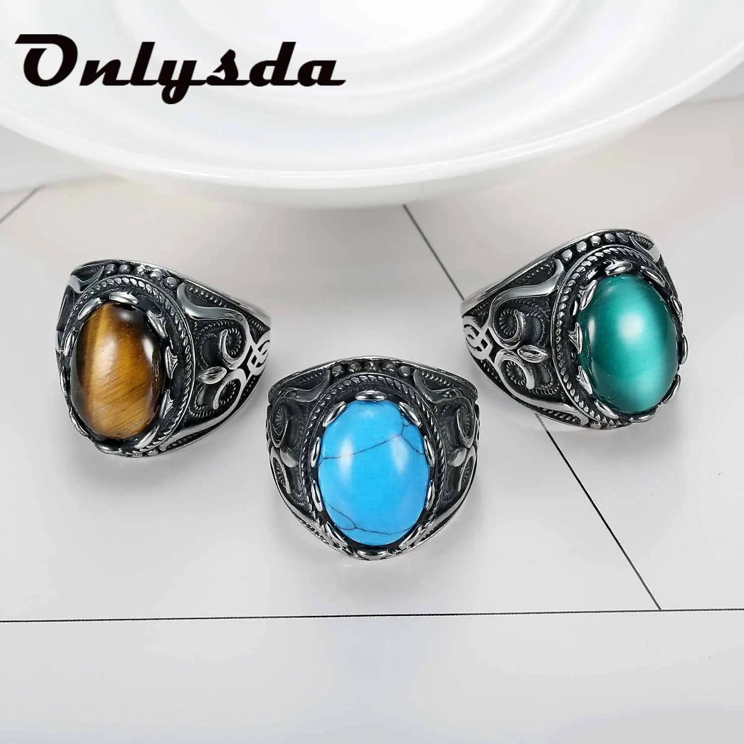 Retro Round Titanium Steel Inlaid 3colour Onyx Ring Gift Men Domineering Rings Party Jewellry Accessory Hollowen Gift