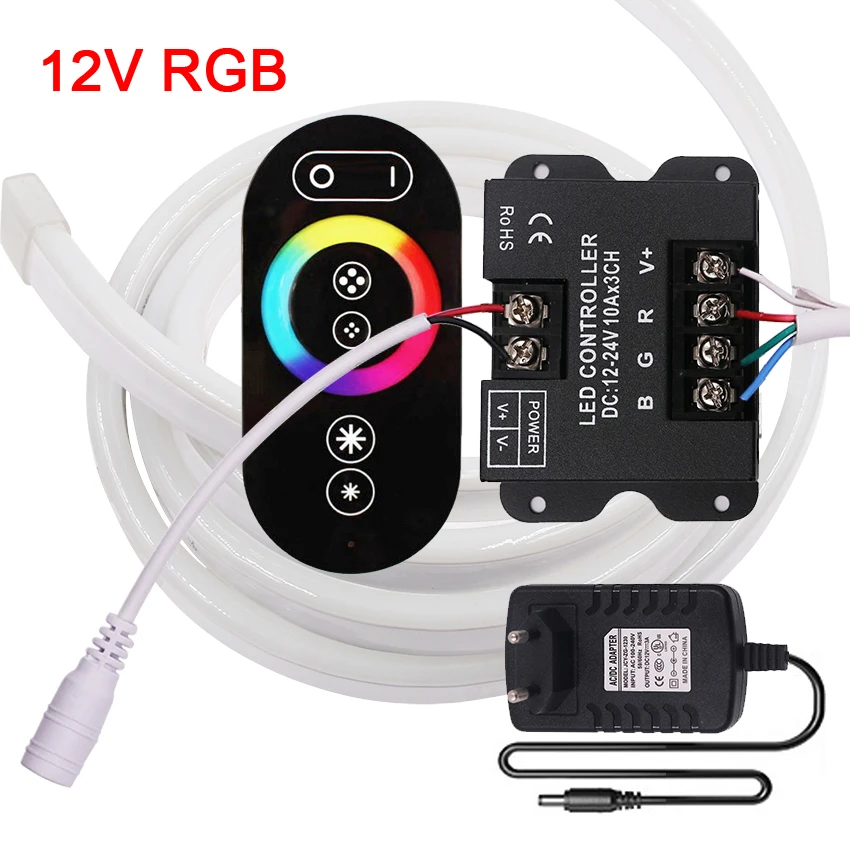 Touch Remote RGB 12V Neon Light Sign LED Strip 5050 2835 Waterproof IP68 Flexible Rope Lights EU US Power Plug Kit 1m 2m 5m 10m