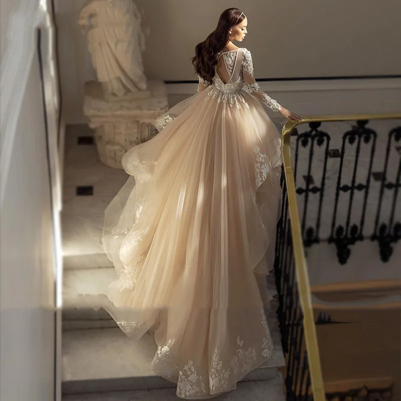 Linha a vestido de casamento 2021 princesa manga longa vestido de noiva com decote em v longo trem apliques rendas vestidos de noiva em camadas 2021 mais tamanho