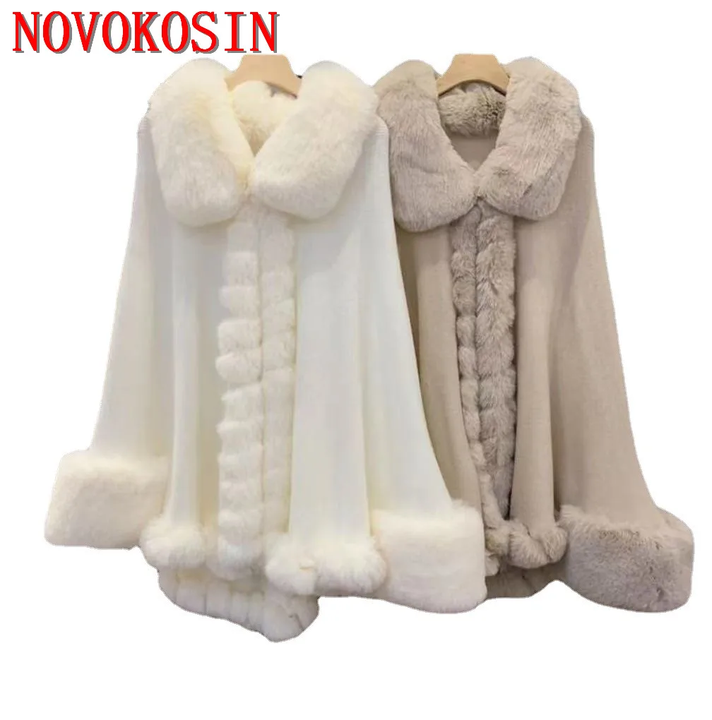 5 Color Winter Batwing Sleeves Cloak Women Warm White String Faux Rabbit Fur Turn-Down Collar Poncho Cape Knitted Outstreet Coat