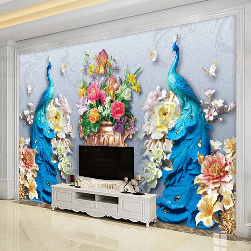 Custom 3D Photo Wallpaper Modern 3D Relief Flowers Peacock Living Room Sofa TV Background Wall Home Decoration Mural Painting