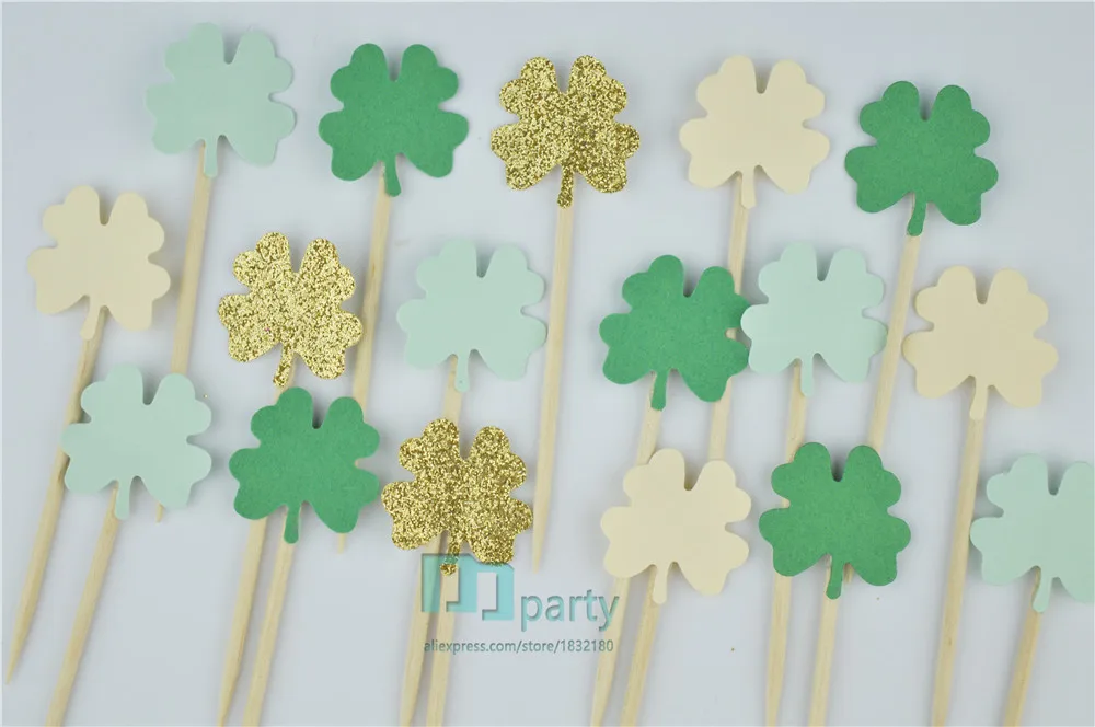 40pcs Lucky Green Clover  St. Patrick's Day, Four Leaf Clover, School Party, 4-H Meetings, Food Picks,Cupcake Toppers