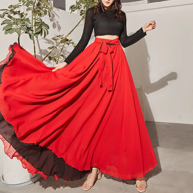 2022 Dance Skirts Chiffon Long Skirts For Women Elegant Casual High Waist Boho Beach Maxi Skirts Wear On Both Sides Saias Femme