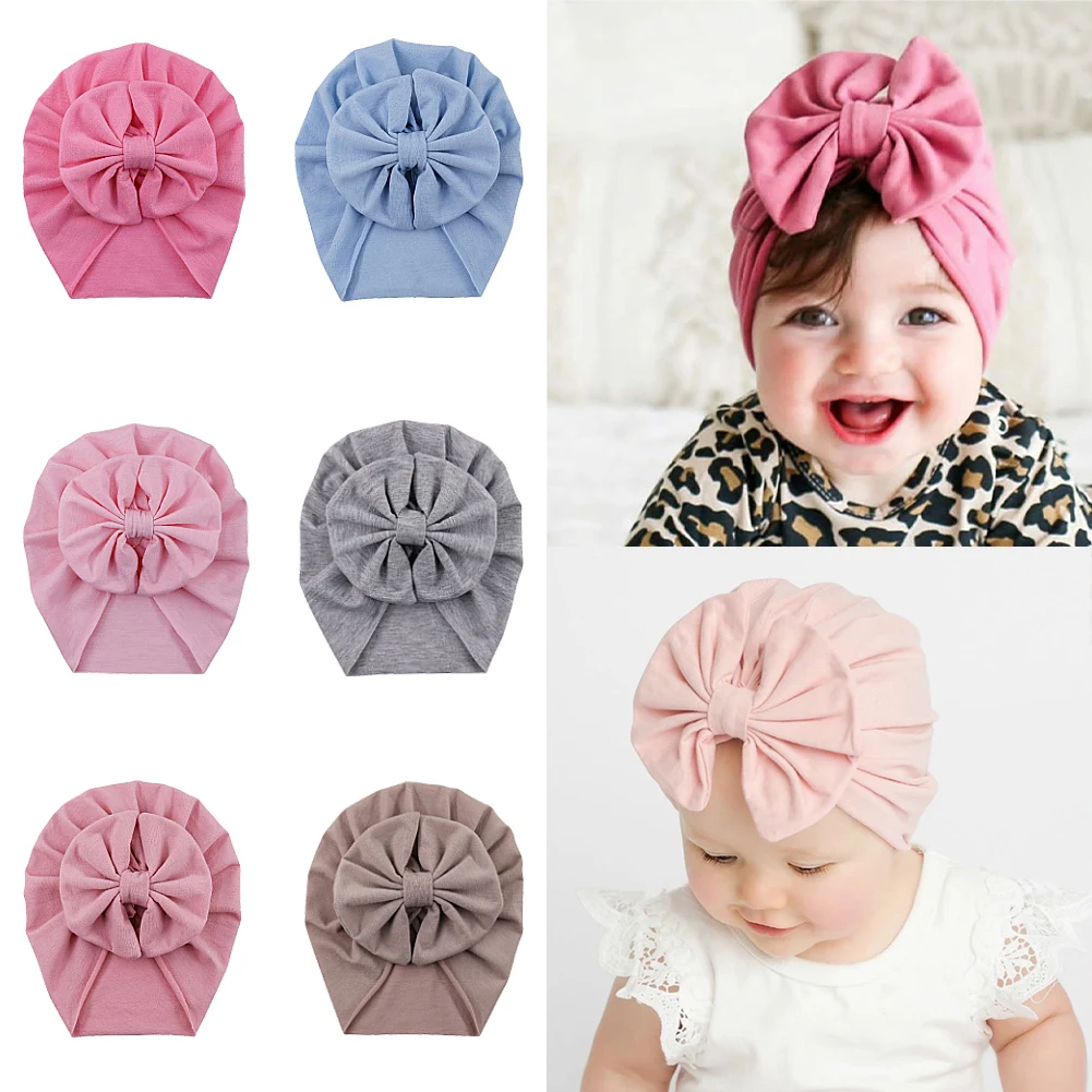 New Solid Polyester Cotton Baby Hat Elastic Bow Knot Bay Turban Caps Newborn Beanies 0-4T Soft Infant Birthday Gift