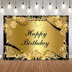 Black and golden birthday backdrop gold flower adult theme happy birthday party decoration supplies boys and girls back drop