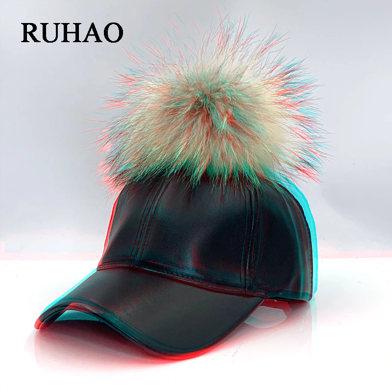 New product baseball cap leather casual fashion detachable real fur ball Snapback Bone Cap high quality young women hat