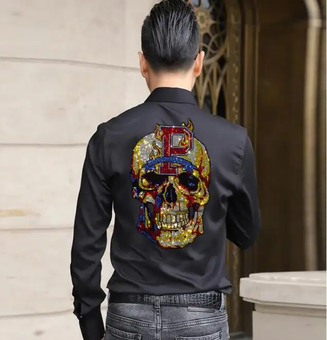 

Rhinestones Skull Shirts Men Fashion Streetwear long Sleeve Slim hot sale shirts Plus Size 4XL