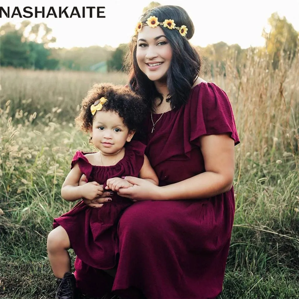 NASHAKAITE Summer Mom and daughter Dress Ruffles Sexy Off Shoulder Red Wine Dresses For Mother Daughter Mum And Daughter Clothes