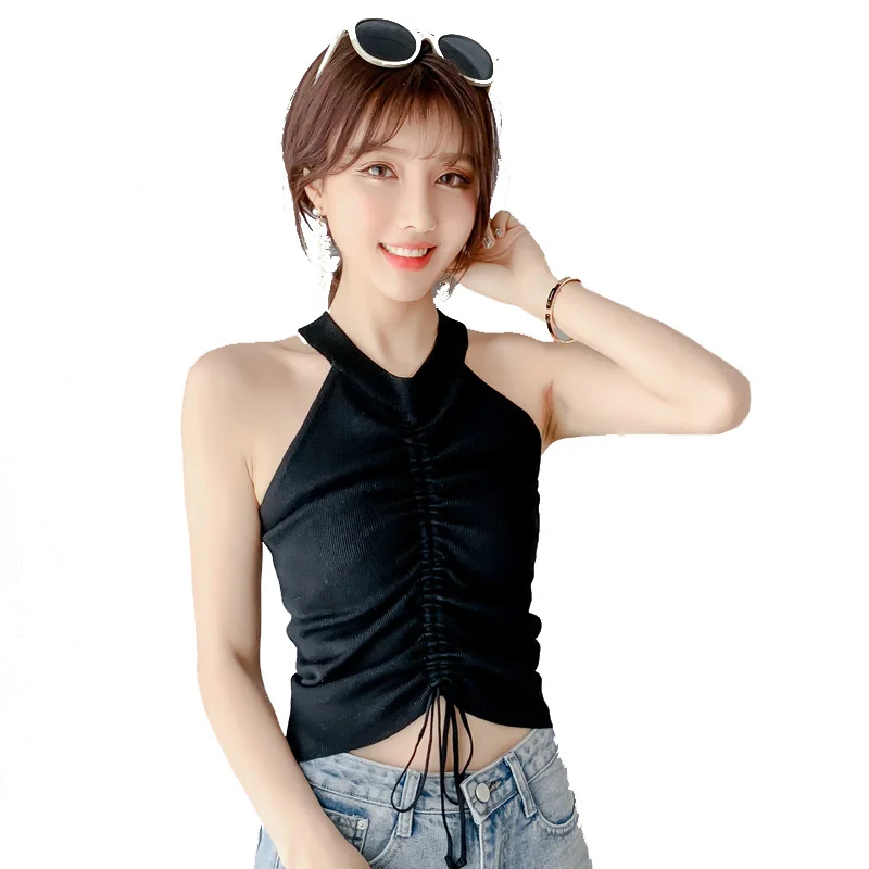 2020 Summer Women High Stretch Knit Sleeveless Camisole Tops Streetwear Slim Tank Tops Sexy V Neck Drawstring Ruched Crop Top
