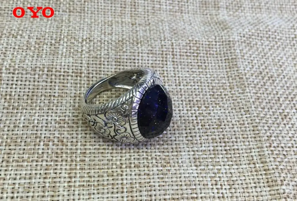 

s925 sterling silver Thai silver inlaid blue sandstone flower opening hollow exquisite ring