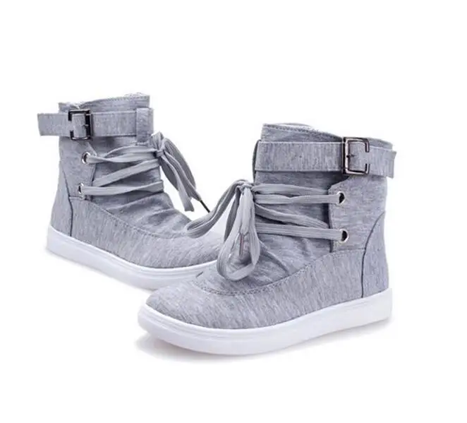 Black Gray Round Toe Platform High-top Canvas Buckle Shoes Woman Lace Up boots Student Flat Ankle Boots Botas Mujer 896p