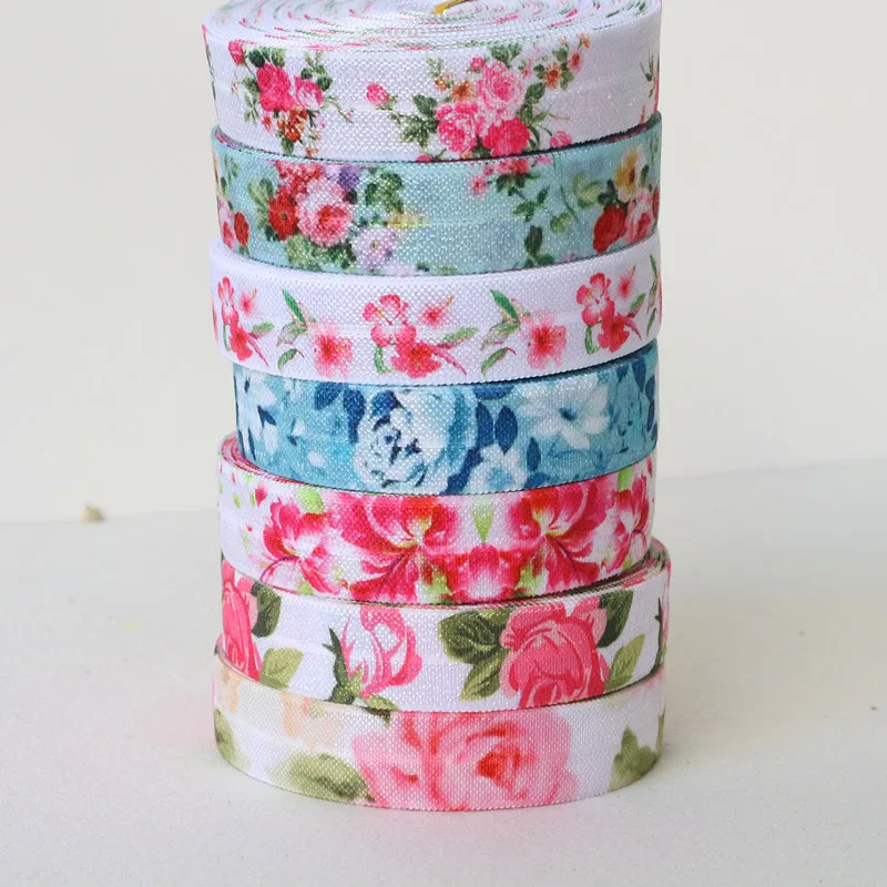 5Yards 1.5CM Width Flower Print Fold Over Elastic Floral FOE Ribbon for DIY Apparel Sewing Accessories Headwear Elastic Band