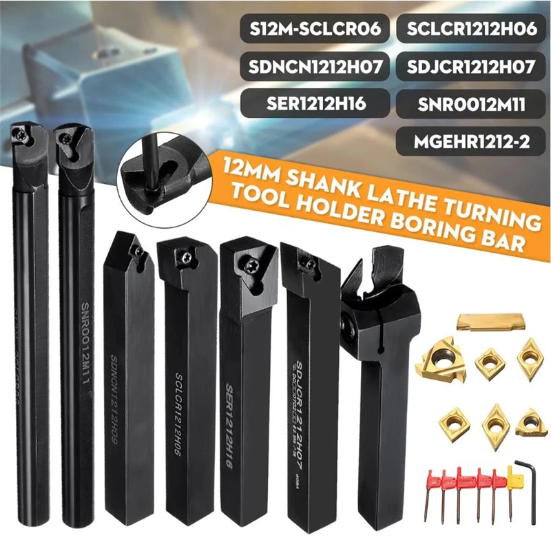 12mm Shank Lathe Boring Bar Turning Tool Holder Set With Solid Carbide Inserts CNC Lathe Cutter Tool