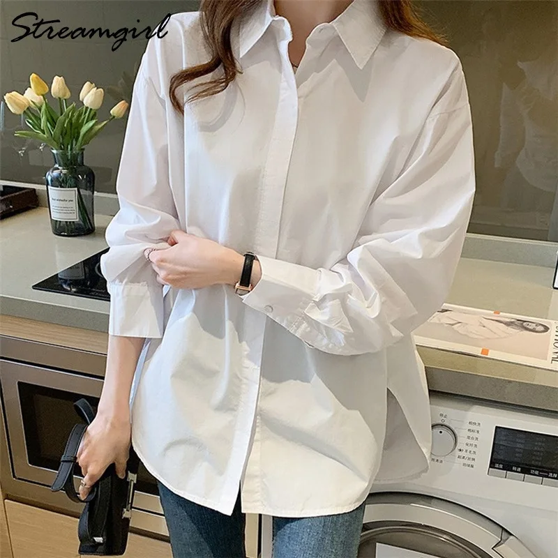 Oversize White Shirt Women Autumn Turn-down Collar Solid Blouses Women\'s Shirts Casual Loose Cotton Shirt Women Overzise White