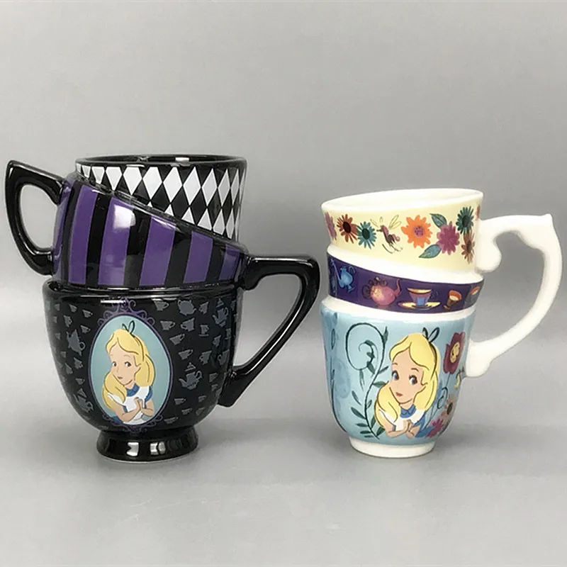 Disney Alice in Wonderland Action Figure Toys Three Layers Water Cups Alice Coffee Mug Cartoon Ceramic Cup Decoration Gift