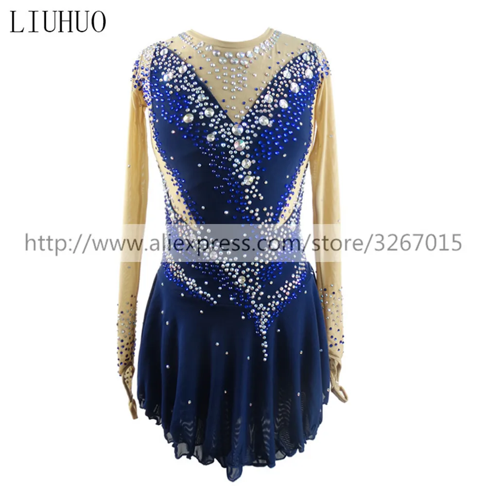 LIUHUO Figure Skating Dress Women\'s Girls\' Ice Skating performance Rhythmic gymnastics competition Dark blue Long sleeve Kids