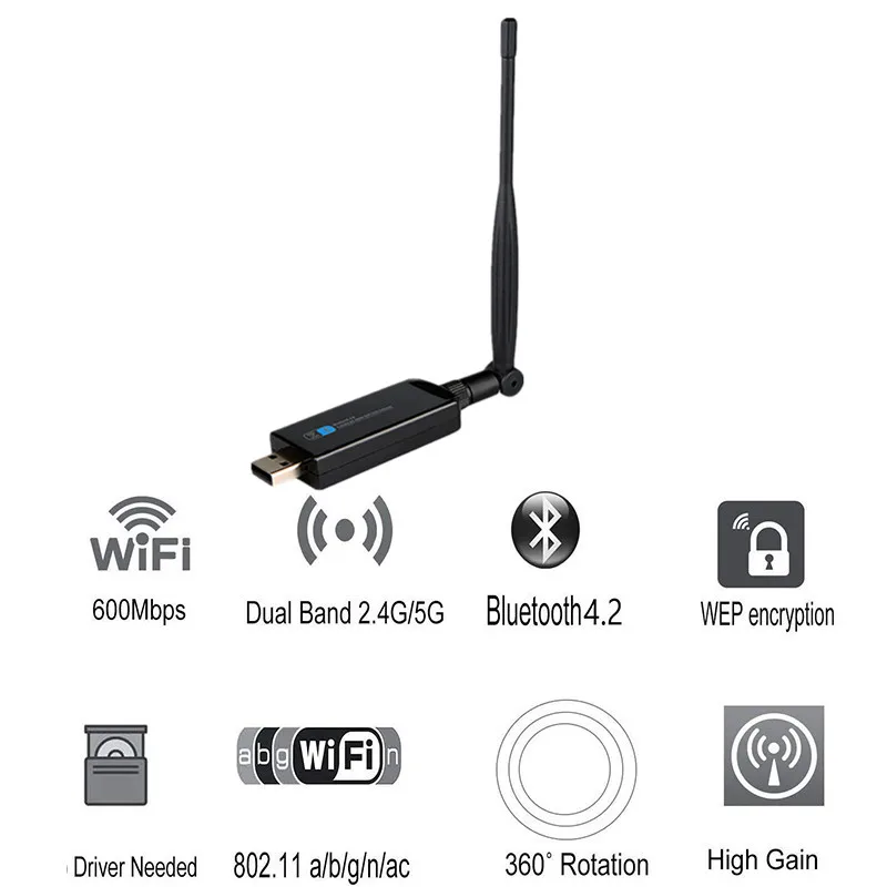 KuWFi 600Mbps USB WiFi Adapter 2.4/5Ghz 5dBi Wifi Antenna Wireless External Receiver WiFi Dongle for PC/Laptop/Desktop