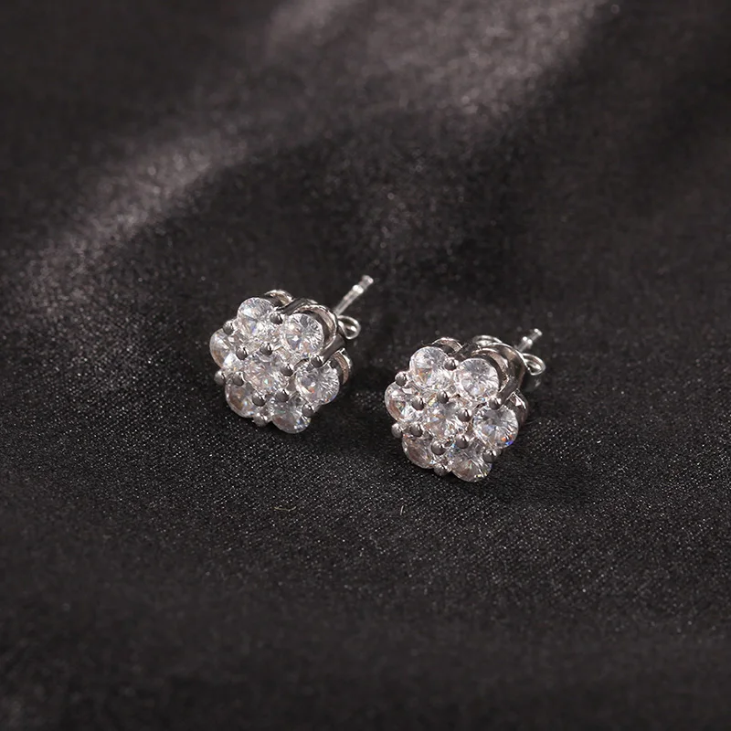 Hip Hop Claw Setting CZ Stone Bling Ice Out Plum Blossom Flower Stud Earring for Women Men Unisex Rapper Jewelry