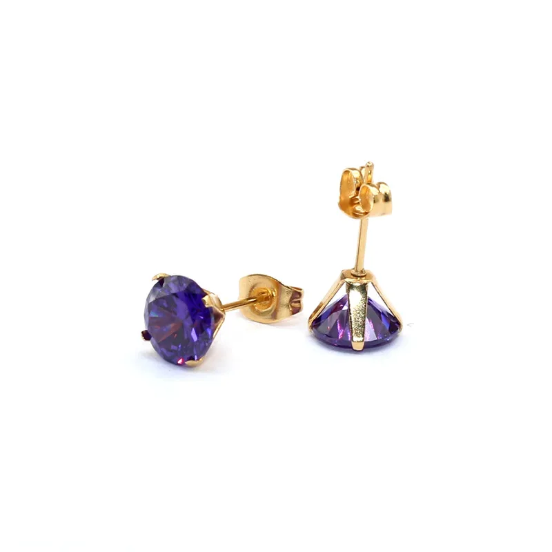 Size 3mm to 8mm 316L Stainless Steel Purple Color Round Zircon Stud Earrings  No Fade Allergy Free Brief Jewelry