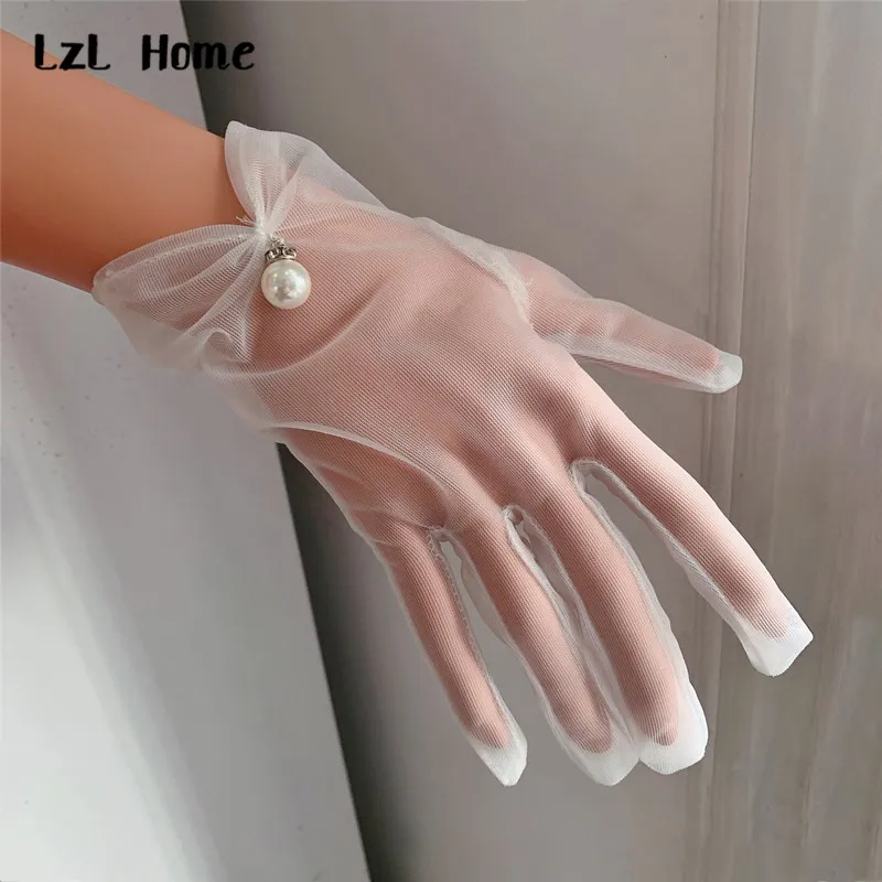 LzL Casa Da Sposa Guanti Da Sposa Guanti Da Sposa Bianco Traslucido Garza Donna Guanti di Protezione Del Sole di Estate Delle Signore Dita Guanti