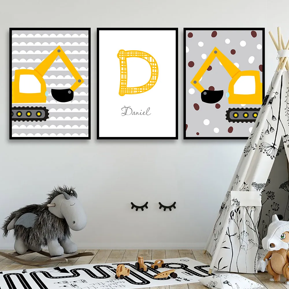 Personal Boy's Name Custom Poster Nursery Print Cartoon Excavator Paintings Canvas Painting Wall Art Pictures For Boys Bedroom