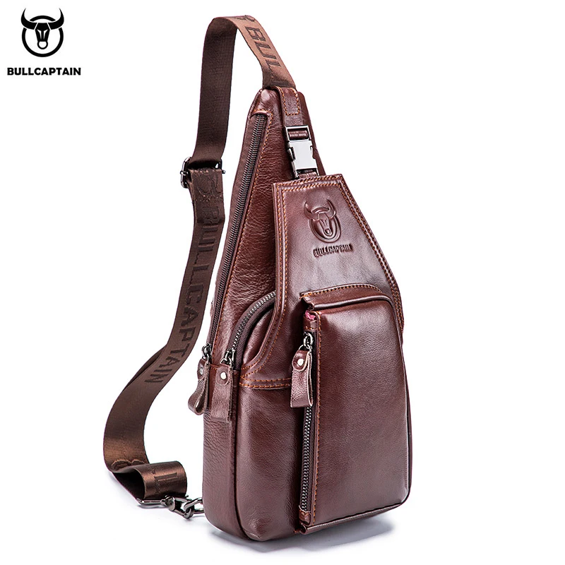 BULLCAPTAIN Men's Genuine Leather Chest pack Chest bag men Multifunctional Headphone Jack Bages Casual Messenger Bags Men Bag's