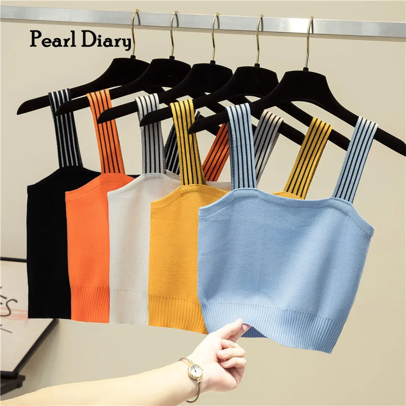 Pearl Diary Women Knitting Tops Summer Solid Color Sleeveless Crop Tops Stripe Strappy Knitted Boxy Tops