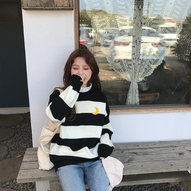 Women\'s Sweaters Kawaii Ulzzang College Candy Color Stripes Moon Sets Embroidery Sweater Female Harajuku Clothing For Women