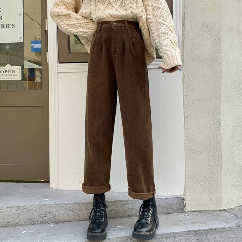 Vintage Brown Corduroy Pants Women Loose Casual Lady Straight Pants Korean Street Wear High Waist Black Hot Pants New 