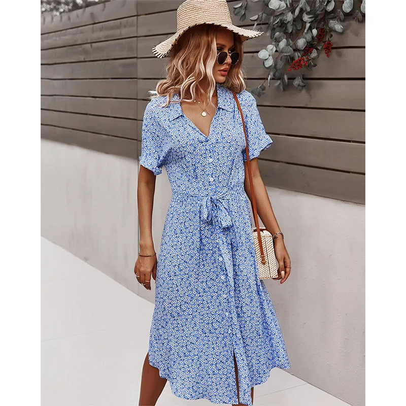 

2024 Spring New Bandage Dress Women Casual Short Sleeve Button Floral Print Dress For Woman Summer Holiday Style Dress