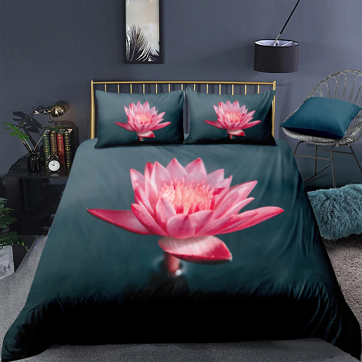 3D Green Bedclothes Flower Duvet Cover Sets Lotus Comforter Cases Pillow Cases King Queen Super King Twin Full Size 203*230cm