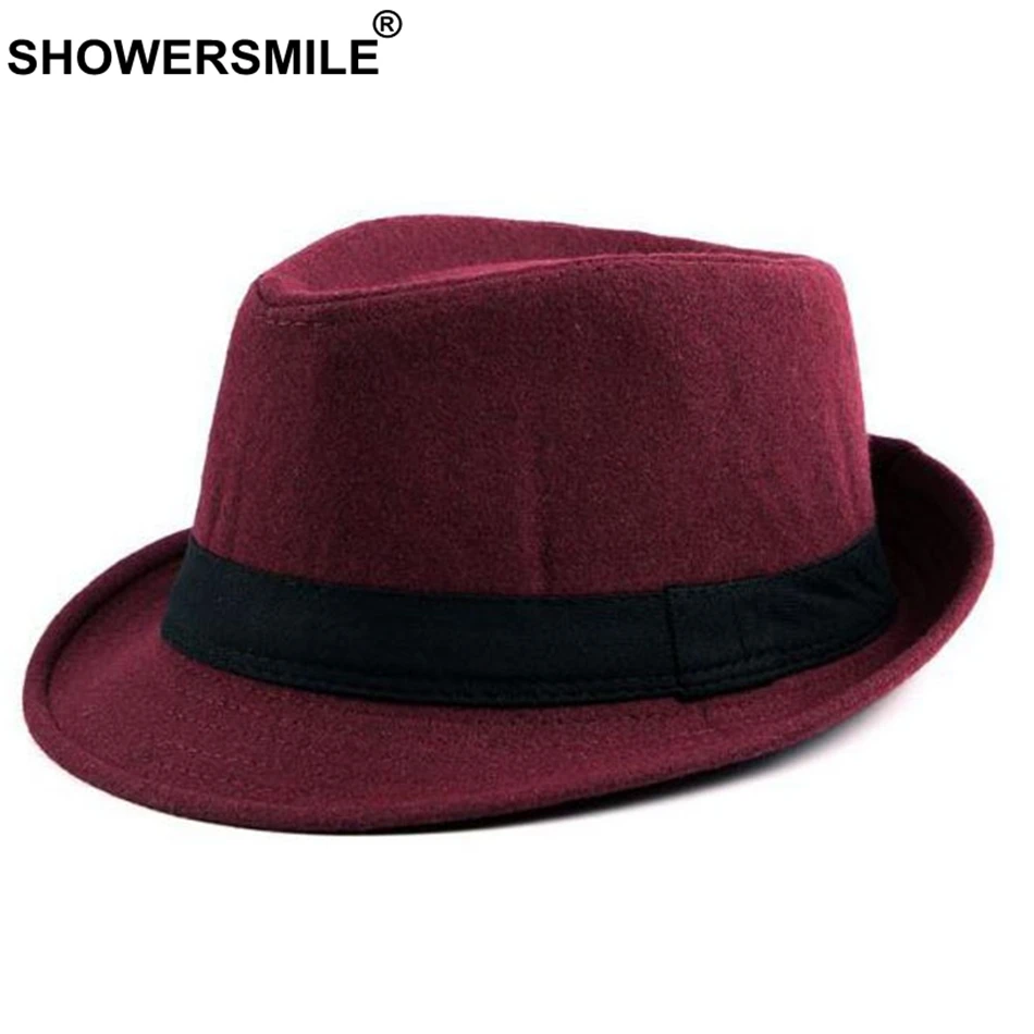 SHOWERSMILE Burgundy Fedora Hat Men Vintage Woolen Jazz Hat Women Casual British Style Classic Autumn Cap And Hat Gentlemen New