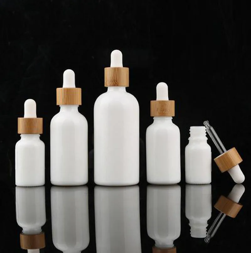 New 100Pcs\Lot 10 15ml 30ml 50ml 100ml Opal White Glass Dropper Bottle With Bamboo Cap Essential Oil Bottles Free Shipping