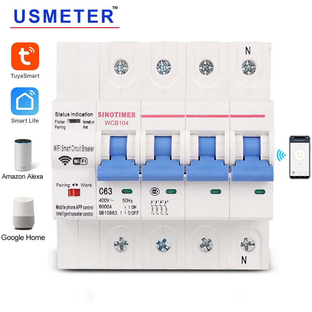 

WCB104 Three Phase 4P 380V 63A Tuya Smart WiFi Circuit Breaker Industrial Remote Control MCB Timing Switch with Amazon Alexa Ech