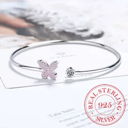 925 Sterling Silver Crystal Butterfly/Dragonfly/Heart Charm Bangles For Women Bracelet &Bangle Wedding Birthday Party Jewelry