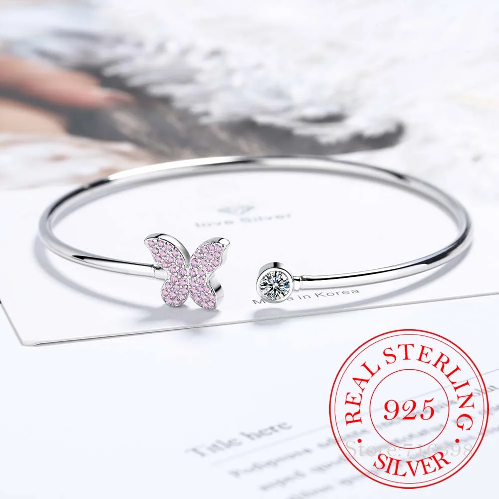 925 Sterling Silver Crystal Butterfly/Dragonfly/Heart Charm Bangles For Women Bracelet &Bangle Wedding Birthday Party Jewelry